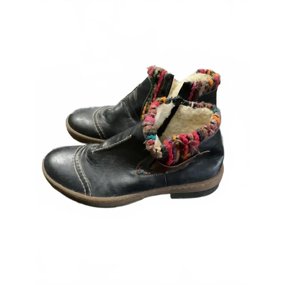 Reiker Navy Blue Ankle Boots with Colorful Knit Trim Size 40 (9.5)